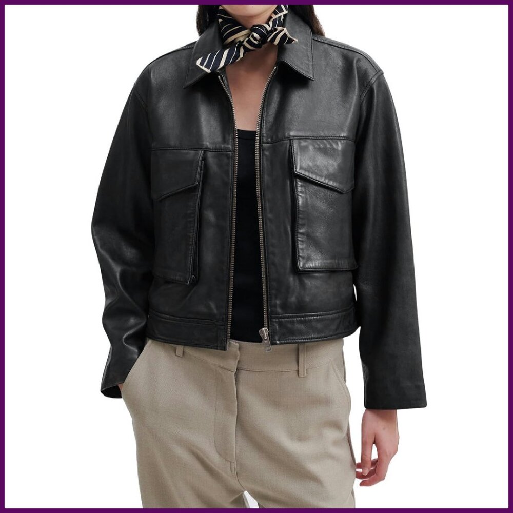Faux Leather Motorcycle Jacket Bomber Style Cropped Zip Up - Picture 1 of 8